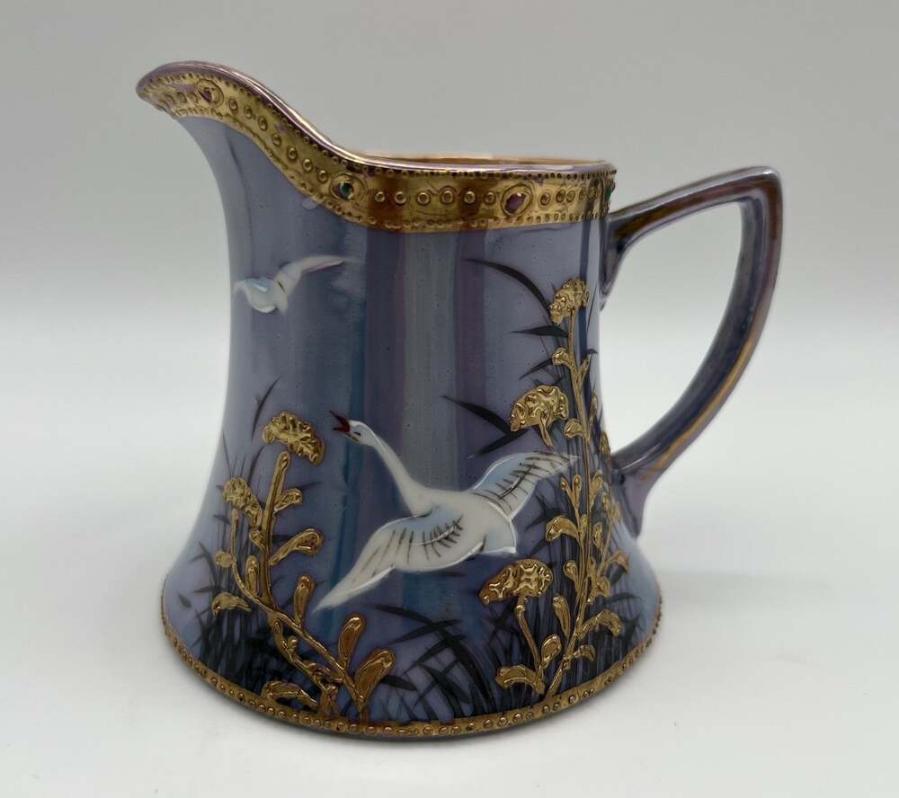 Hand Painted Jeweled Flying Geese Lusterware Creamer 4” with Gold Vintage Japan